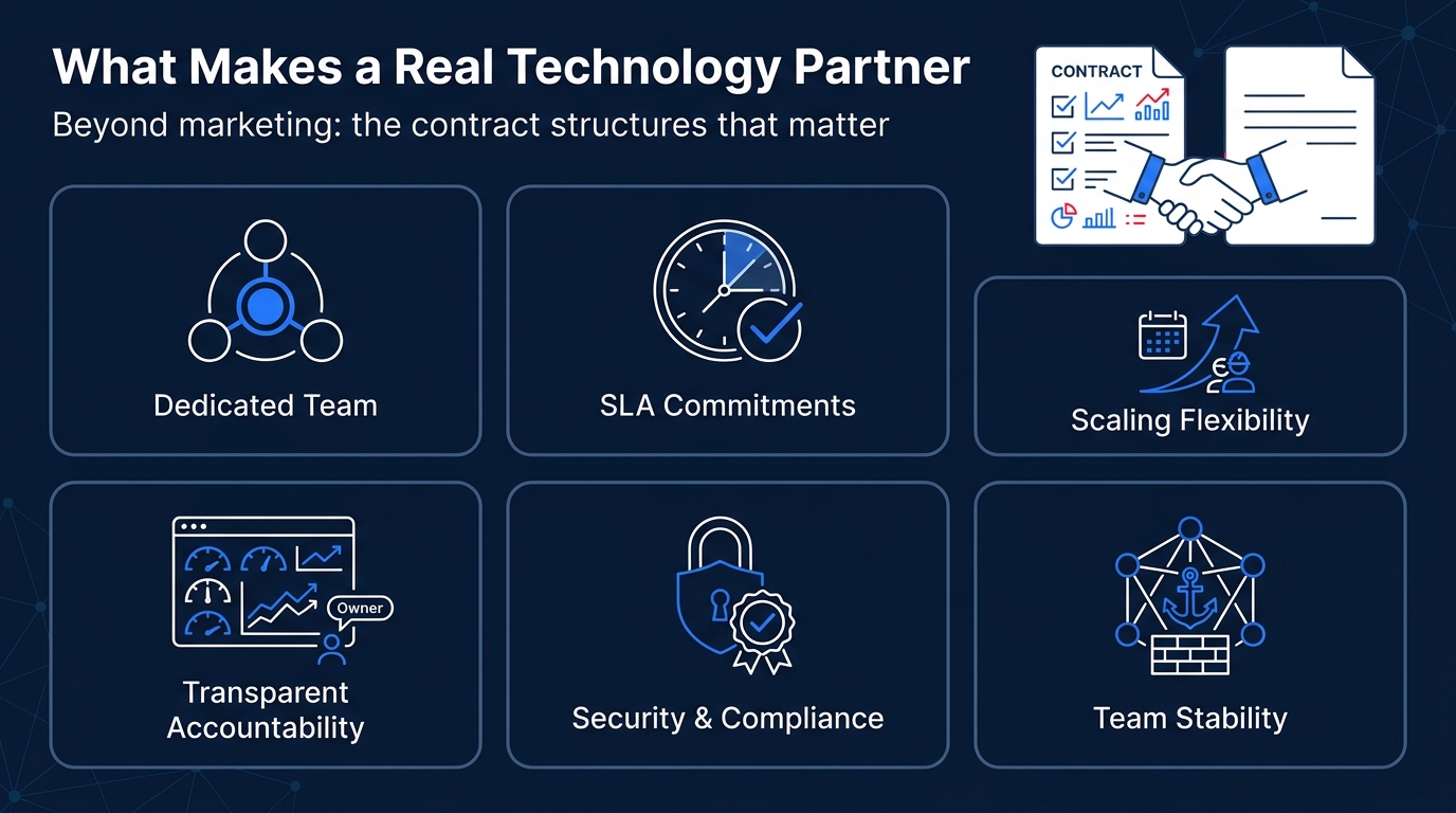 infographic-outlining-six-traits-of-a-real-technology-partner-dedicated-team-sla-commitments-scaling-flexibility-transpa