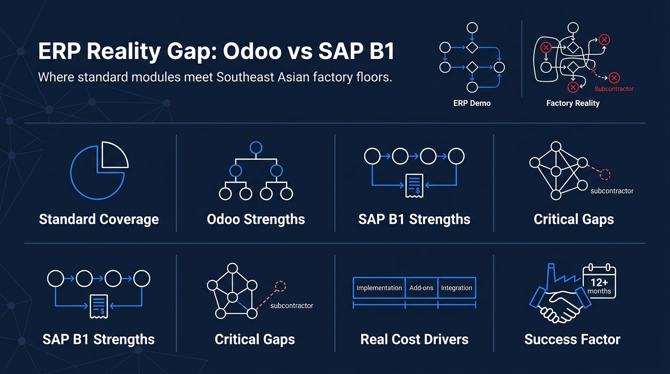 erp-comparison-infographic-showing-odoo-vs-sap-b1-coverage-strengths-critical-gaps-cost-drivers-and-success-factors-for-