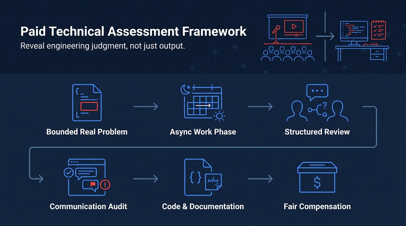paid-technical-assessment-framework-infographic-showing-bounded-real-problem-async-work-phase-structured-review-communic