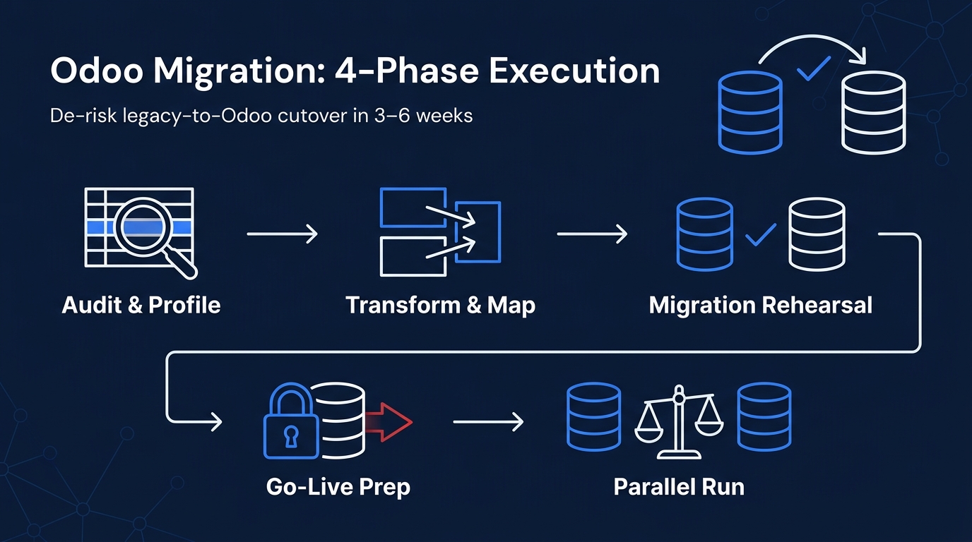 odoo-migration-4-phase-execution-roadmap-showing-audit-data-mapping-migration-rehearsal-go-live-prep-and-parallel-run